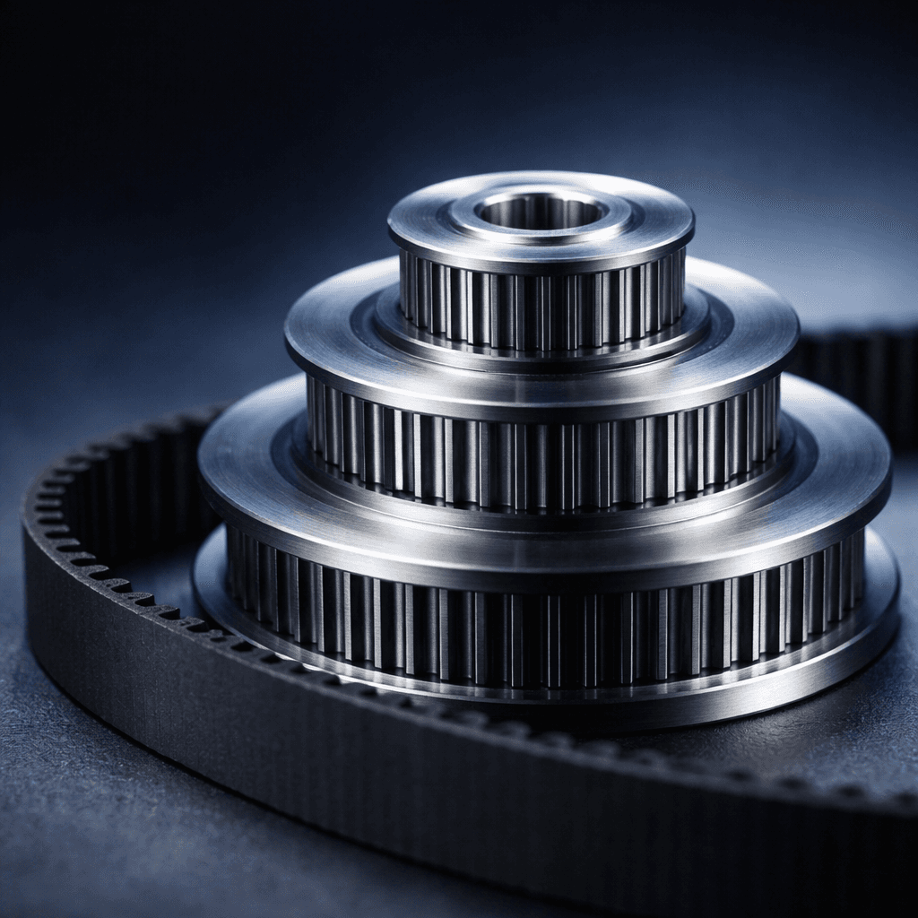 Stack of industrial pulleys with belts